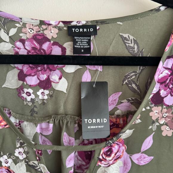 New Torrid Georgette Blouse Olive Green Lilac Sz 3X Floral Keyhole - Picture 4 of 7